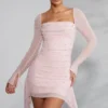 Tivoli Long Sleeve Embellished Cowl Neck Mini Dress in Blush