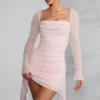 Tivoli Long Sleeve Embellished Cowl Neck Mini Dress in Blush