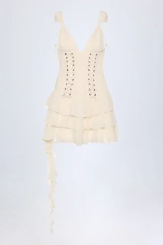 Toren Lace-Up Ruffled Tiered Mini Dress in Ivory