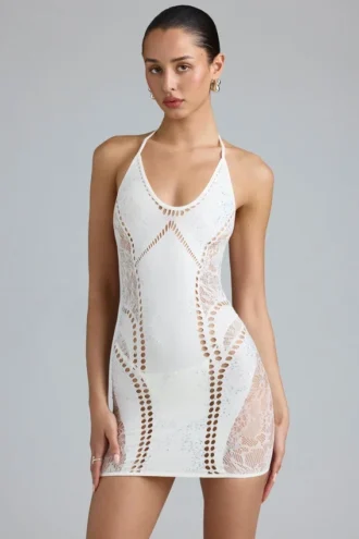 Tori Embellished Halterneck Mini Dress in Ivory
