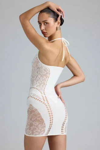 Tori Embellished Halterneck Mini Dress in Ivory
