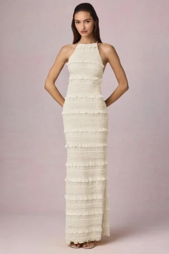 Tove Ruffled Backless Halterneck Maxi Dress in Ivory