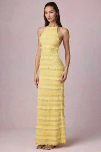 Tove Ruffled Backless Halterneck Maxi Dress in Lemon Yellow