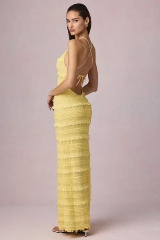 Tove Ruffled Backless Halterneck Maxi Dress in Lemon Yellow