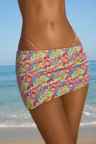 Tropea Asymmetric Ruched Micro Mini Skirt in Bright Multi Print
