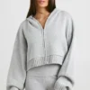 TRUE Cropped Zip Up Chunky Knit Hoodie in Heather Grey