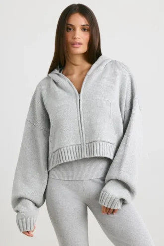 TRUE Cropped Zip Up Chunky Knit Hoodie in Heather Grey