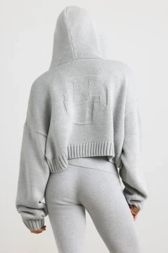 TRUE Cropped Zip Up Chunky Knit Hoodie in Heather Grey