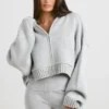 TRUE Cropped Zip Up Chunky Knit Hoodie in Heather Grey