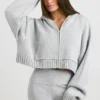 TRUE Cropped Zip Up Chunky Knit Hoodie in Heather Grey