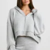 TRUE Cropped Zip Up Chunky Knit Hoodie in Heather Grey