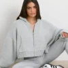 TRUE Cropped Zip Up Chunky Knit Hoodie in Heather Grey