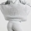 TRUE Cropped Zip Up Chunky Knit Hoodie in Heather Grey