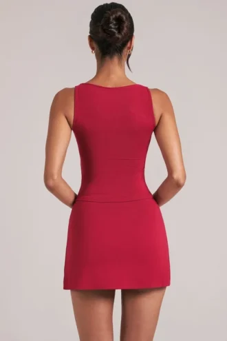 Tula Mid-Rise Bodycon Ultra Mini Skirt with Split in Cherry Red