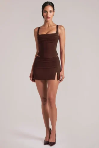 Tula Mid-Rise Bodycon Ultra Mini Skirt with Split in Chocolate Brown