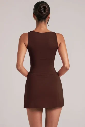 Tula Mid-Rise Bodycon Ultra Mini Skirt with Split in Chocolate Brown