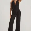 Tulay Devoré Halterneck Open-Back Jumpsuit in Black