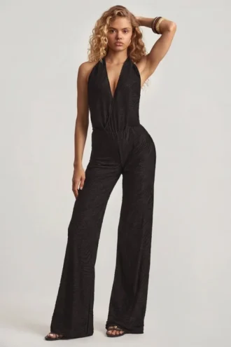 Tulay Devoré Halterneck Open-Back Jumpsuit in Black