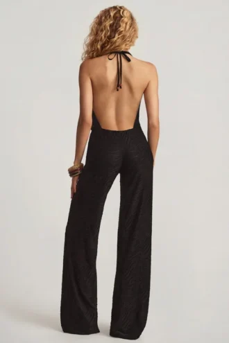 Tulay Devoré Halterneck Open-Back Jumpsuit in Black
