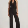 Tulay Devoré Halterneck Open-Back Jumpsuit in Black