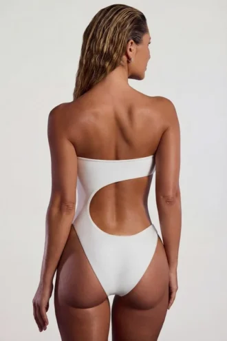 Tulum Bead-Embellished Cut-Out Bandeau Swimsuit in Ivory