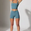 Twist Waist Mini Shorts with Pockets in Stone Blue