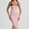 Valentina Layered Bra-Detail Fishtail Midaxi Dress in Pink Polka Dot