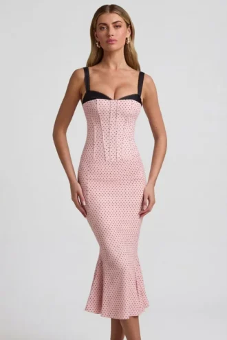 Valentina Layered Bra-Detail Fishtail Midaxi Dress in Pink Polka Dot