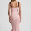 Valentina Layered Bra-Detail Fishtail Midaxi Dress in Pink Polka Dot