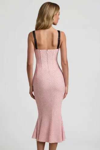 Valentina Layered Bra-Detail Fishtail Midaxi Dress in Pink Polka Dot