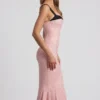 Valentina Layered Bra-Detail Fishtail Midaxi Dress in Pink Polka Dot