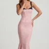 Valentina Layered Bra-Detail Fishtail Midaxi Dress in Pink Polka Dot