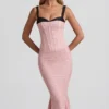 Valentina Layered Bra-Detail Fishtail Midaxi Dress in Pink Polka Dot