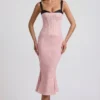 Valentina Layered Bra-Detail Fishtail Midaxi Dress in Pink Polka Dot
