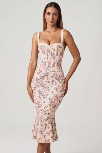 Valentina Layered Bra-Detail Fishtail Midaxi Dress in Primrose Floral Print