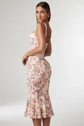 Valentina Layered Bra-Detail Fishtail Midaxi Dress in Primrose Floral Print