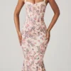 Valentina Layered Bra-Detail Fishtail Midaxi Dress in Primrose Floral Print