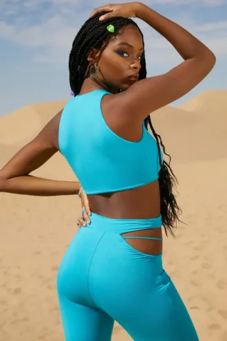 Valerie Petite Cut Out Flare Trousers in Aqua