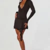 Vallen Plunge Neck Long Sleeve Mini Dress in Black