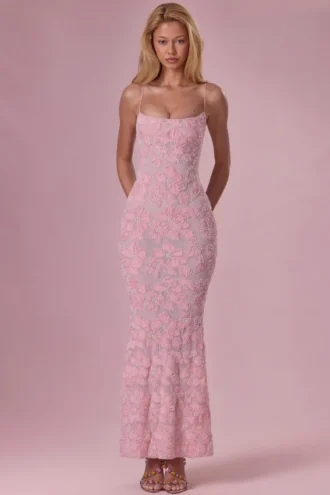 Valora Embellished Square Neck Maxi Dress in Blush Pink