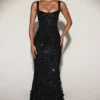 Vasanta Embellished Appliqué Soft-Scoop Corset Gown in Black
