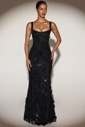 Vasanta Embellished Appliqué Soft-Scoop Corset Gown in Black