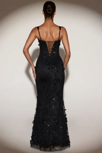 Vasanta Embellished Appliqué Soft-Scoop Corset Gown in Black