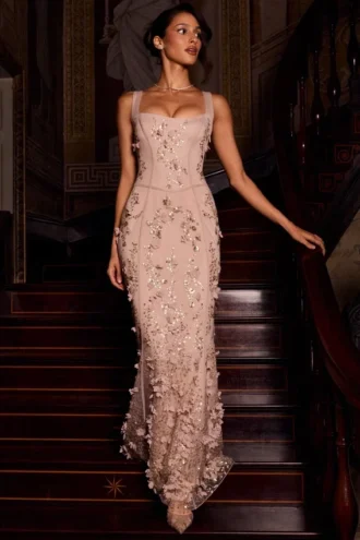 Vasanta Embellished Appliqué Soft-Scoop Corset Gown in Gold