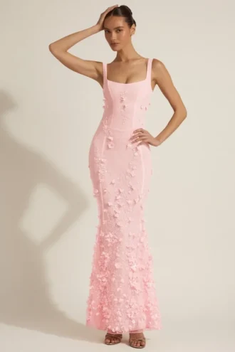 Vasanta Embellished Appliqué Soft-Scoop Corset Gown in Pink