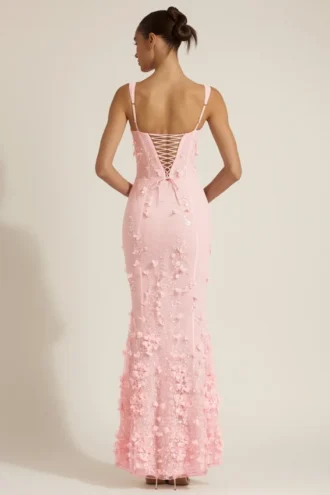 Vasanta Embellished Appliqué Soft-Scoop Corset Gown in Pink