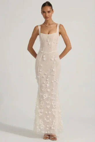 Vasanta Embellished Appliqué Soft-Scoop Corset Gown in White