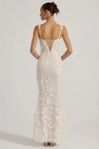 Vasanta Embellished Appliqué Soft-Scoop Corset Gown in White