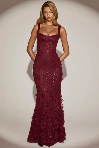 Vasanta Embellished Appliqué Soft-Scoop Corset Gown in Wine Red