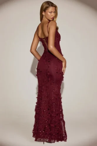 Vasanta Embellished Appliqué Soft-Scoop Corset Gown in Wine Red